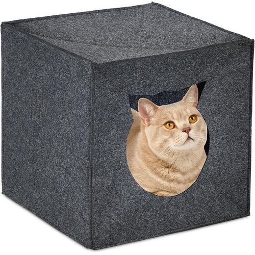 Relaxdays - Katzenhöhle Filz, Katzenbox für Regal, quadratisch, hbt 33x33x33 cm, faltbar, Katzen & kleine Hunde, anthrazit