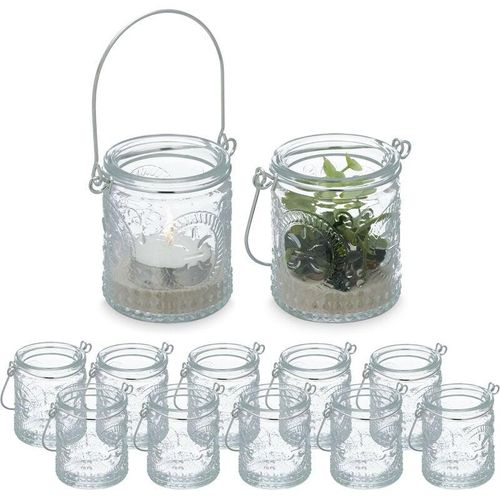 Windlicht, 12er Set, Glas mit Henkel, 7 x 6 cm, innen & außen, Hochzeit Teelichthalter, transparent/ silber – Relaxdays