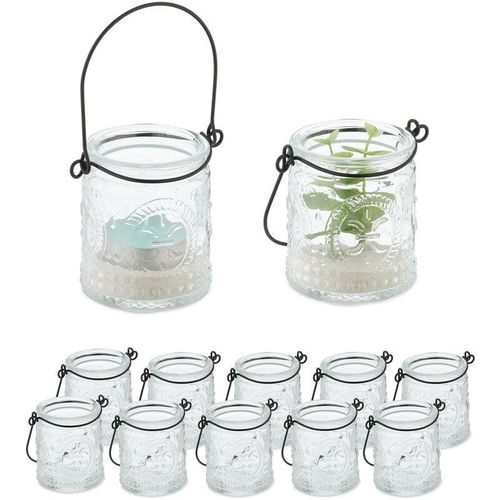 Windlicht, 12er Set, Glas mit Henkel, innen & außen, HxD: 7×6 cm, Hochzeit Teelichthalter, transparent/schwarz – Relaxdays