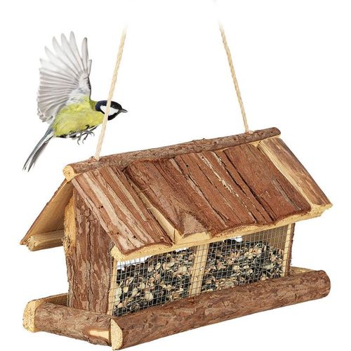 Vogelfutterhaus Holz, mit Futtersilo, zum Hängen, hbt 19 x 31,5 x 16 cm, Futterspender Kleinvögel, natur - Relaxdays