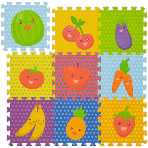 Puzzlematte Früchte, 9-teilige Spielmatte, schadstofffrei, eva Schaumstoff, Kinderzimmer, 86 x 86 cm, bunt – Relaxdays