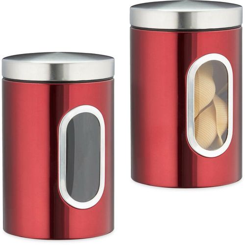 2 x Vorratsdose, 1,4 L, mit Deckel und Sichtfenster, für Kaffee, Mehl, Pasta, Aufbewahrungsdose Küche, Metall, rot