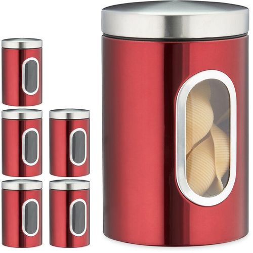 6 x Vorratsdose, 1,4 L, mit Deckel und Sichtfenster, für Kaffee, Mehl, Pasta, Aufbewahrungsdose Küche, Metall, rot