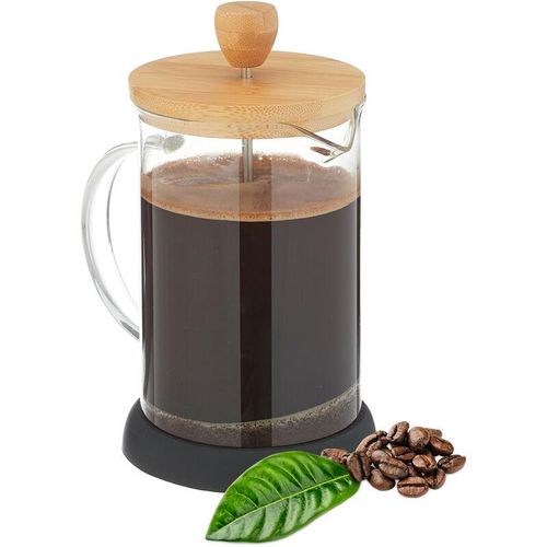 Kaffeebereiter, manuelle Stempelkanne, Siebeinsatz, 800 ml, Glas, Bambusdeckel, Teebereiter, transparent/natur – Relaxdays