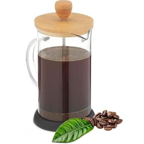 Kaffeebereiter, manuelle Stempelkanne, Siebeinsatz, 600 ml, Glas, Bambusdeckel, Teebereiter, transparent/natur – Relaxdays