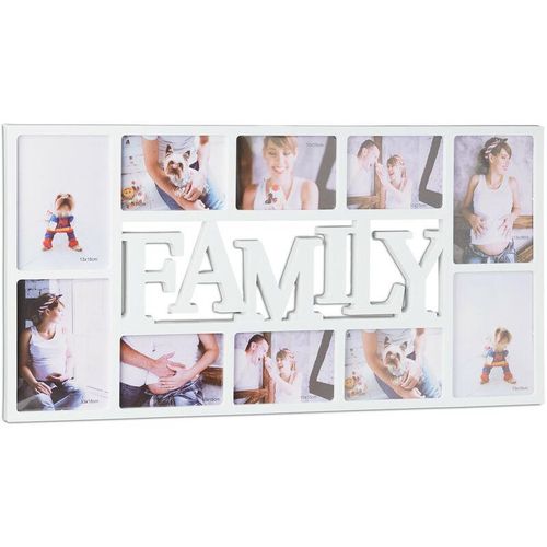 Bilderrahmen Familie, Fotorahmen für 10 Bilder, Collage Family zum Hinhängen, HxBxT: 36,5 x 72 x 2 cm, weiß – Relaxdays