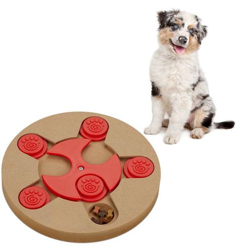 Relaxdays - Intelligenzspielzeug für Hunde, Leckerli verstecken, interaktives Hundespielzeug Intelligenz, mdf, natur/rot