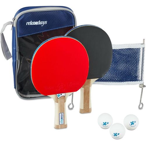 Tischtennis Set mit Netz, 2 Tischtennisschläger & 3 Tischtennisbälle, to go, Ping Pong Set mit Tasche, blau – Relaxdays