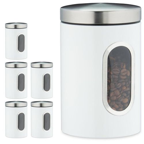 6 x Vorratsdose, 1,4 l, mit Deckel und Sichtfenster, für Kaffee, Mehl, Pasta, Aufbewahrungsdose Küche, Metall, weiß