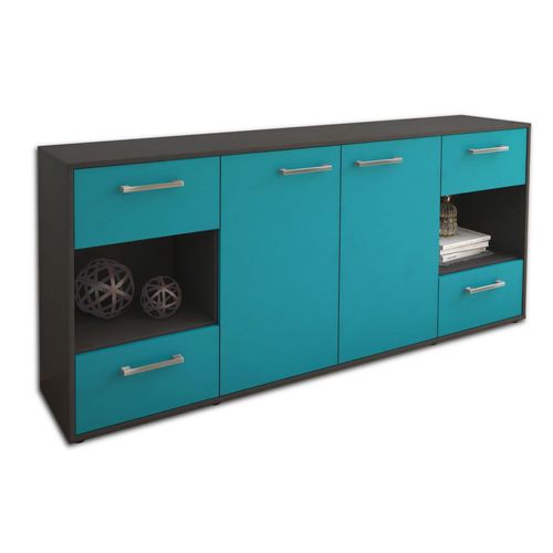 Sideboard Gaia | Korpus Anthrazit | Tuerkis mit Griffen (180x79x35cm)