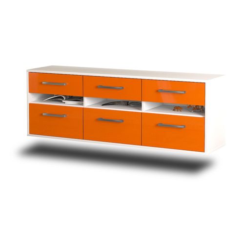 Lowboard Raleigh | Korpus Weiß | Orange mit Griffen (136x49x35cm)