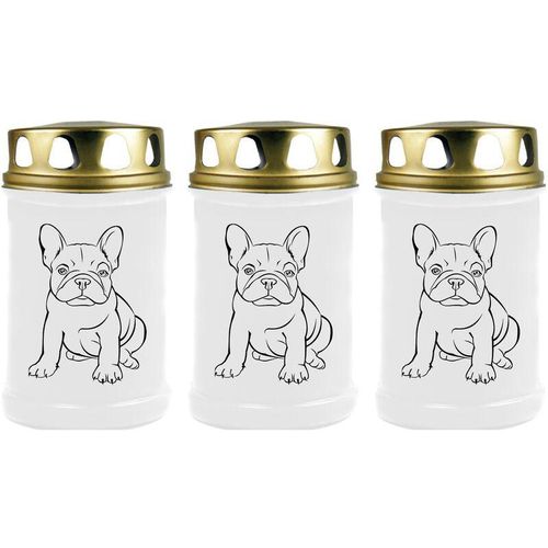 Grabkerze Grablicht - 3er Pack - ( Hund Bulldogge ) - ca 48h / 2 Tage Brenndauer je Kerze ( 14,5cm, Ø 7cm ) - viele versch. Designs - Hund Bulldogge