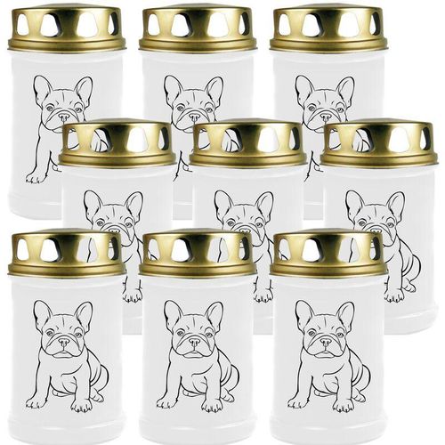 Grabkerze Grablicht - 9er Pack - ( Hund Bulldogge ) - ca 48h / 2 Tage Brenndauer je Kerze ( 14,5cm, ø 7cm ) - viele versch. Designs - Hund Bulldogge