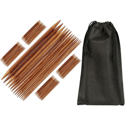 Relaxdays – Nadelspielset aus Bambus, 75 doppelspitzige Stricknadeln, 15 Nadelstärken: 2 mm bis 10 mm, mit Tasche, natur