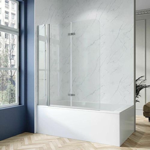 Badewannenaufsatz Duschwand für Badewanne Glas 130 x 140 cm Duschabtrennung mit Duschablagen Badewannenfaltwand 5mm Einscheiben-Sicherheitsglas (esg)
