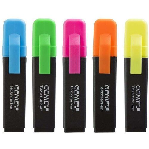 Genie – 5x Textmarker 5 Farben Neon Marker Set Highlighter Stifte Leuchtmarker