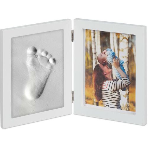 1 x Babybilderrahmen mit Gipsabdruck, Set für Handabdruck oder Fußabdruck, DIY Babyabdruck, mit Modelliermasse, weiß