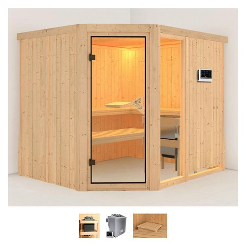 KARIBU Sauna „Frigga 3“ Saunen 9-kW-Bio-Ofen mit externer Steuerung beige (naturbelassen) Saunen