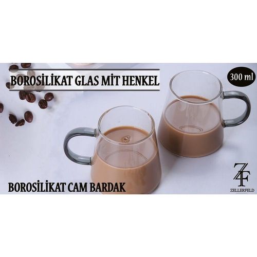 2er Set Borosilikat Glas mit Henkel 300 ml Cam Bardagi für Kaffee & Tee transparent