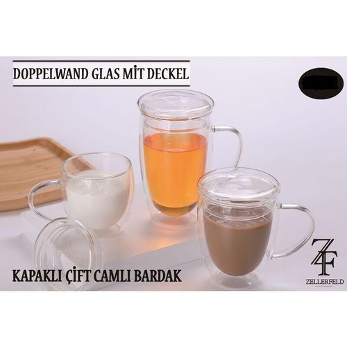 Zellerfeld – 2er Set Doppelwandiges Thermoglas 250ml Teetassen Doppelwand Glas mit Deckel Henkel Kaffeetassen transparent