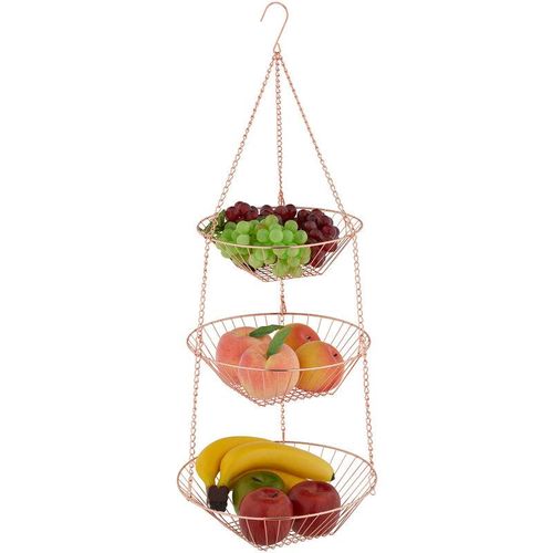 Relaxdays – Obstkorb hängend, h x d: 73 x 28 cm, 3 Etagen, Stahl, runder Hängekorb für Obst & Gemüse, Obstschale, kupfer