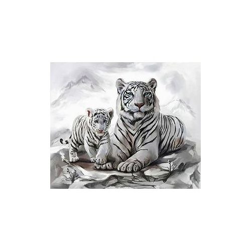 PRACHT® Creatives Diamond Painting Tigermama mit Jungtier weiß