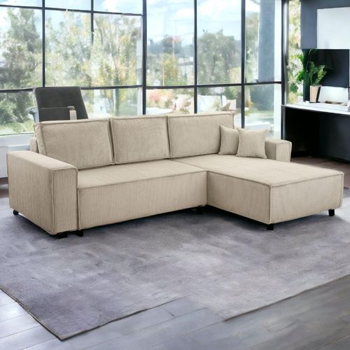 Wohnlandschaft Ecksofa Beige Genf Cord XL mit Bett Kopfteilverstellung Bett Sofa Schlafsofa Ottomane