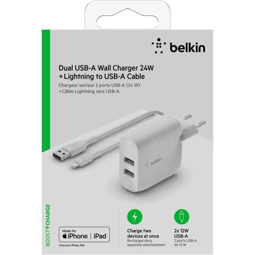 Belkin Dual USB-A Ladegerät, 24W incl. Lightning Kabel 1m, weiß