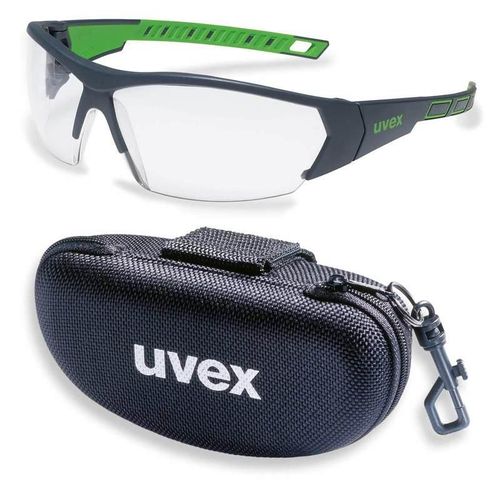 Schutzbrille i-works 9194175 anthrazit / grün mit UV-Schutz im Set inkl. Brillenetui – leichte und sportliche Sicherheitsbrille, Arbeitsschutzbrille