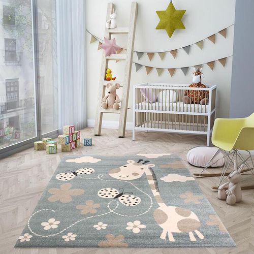 Vimoda - Kinderteppiche Giraffe mit Schmetterling und Blumen Kinderteppich für Mädchen und Jungs Teppich für Kinderzimmer Blau Kinderzimmerteppiche