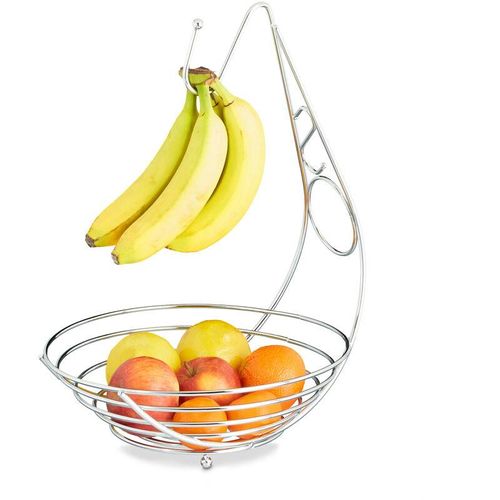 Relaxdays Obstschale mit Bananenhalter, Obstkorb verchromt, Bananenhaken, Stehend, HBT: ca. 42 x 29,5 x 32 cm, silber