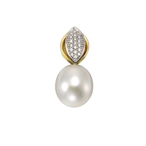 Orolino Anhänger Gold 585 mit weißer Perle 10,5-11mm + 19x Brillant zus. 0,09ct.