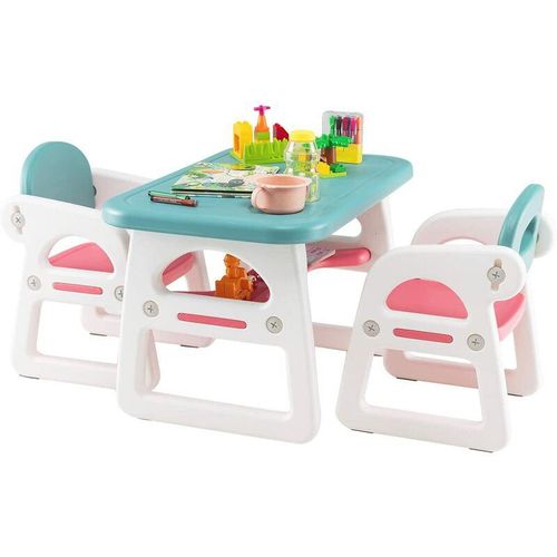 GOPLUS Kindertisch mit 2 Stühlen, Multifunktionale Kindersitzgruppe aus HDPE mit Ablage & Runden Ecken, Kindermöbel für Wohnzimmer Kinderzimmer