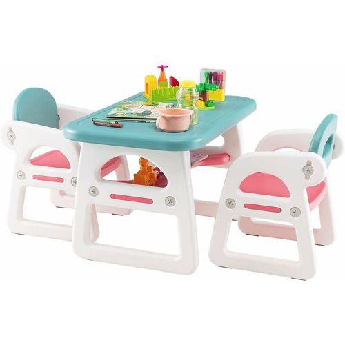 COSTWAY 3tlg. Kindersitzgruppe, Kindertisch mit 2 Stühlen, mit Ablagefach für 1–5 Jahre Blau & Rosa