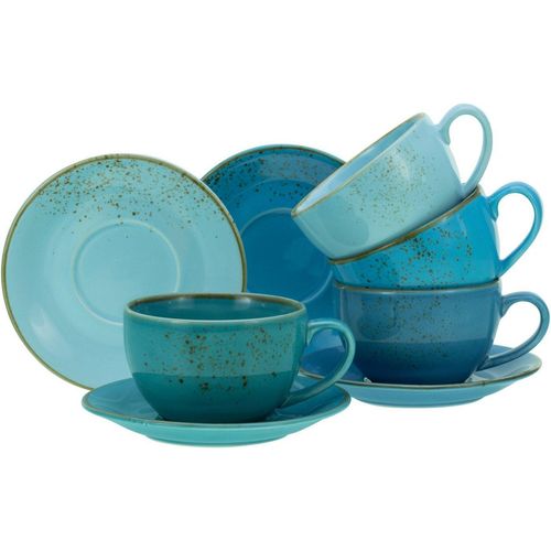 CreaTable Cappuccinotasse Kaffeetasse NATURE COLLECTION Aqua, Steinzeug, Tassen Set, aktuelle Blautöne mit Sprenkel, 4 Tassen, 4 Untertassen, blau