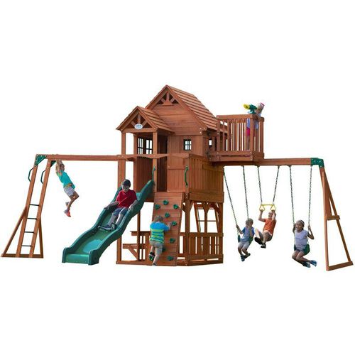 Backyard Discovery - Spielturm Skyfort ii aus Holz xxl Spielhaus für Kinder mit Rutsche, Schaukel, Trapezstange, Kletterwand und Aussichtsturm