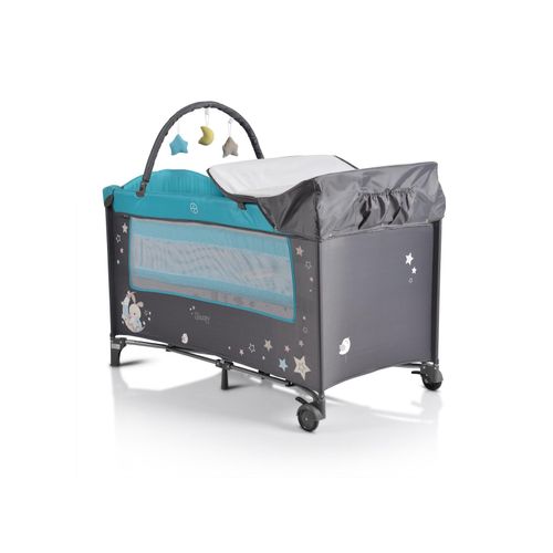 Moni Reisebett Sleepy Rollen, Wickelauflage, Matratze, Spielbogen, Seiteneingang grau türkis