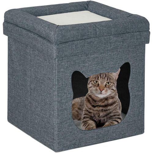 Sitzhocker mit Katzenhöhle, faltbar, hbt: 44x40x40 cm, Kissen, Deckel, kuscheliges Katzenbett, dunkelgrau-weiß - Relaxdays