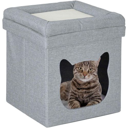Relaxdays Sitzhocker mit Katzenhöhle, faltbar, HxBxT: 44x40x40 cm, Kissen, Deckel, kuscheliges Katzenbett, hellgrau-weiß