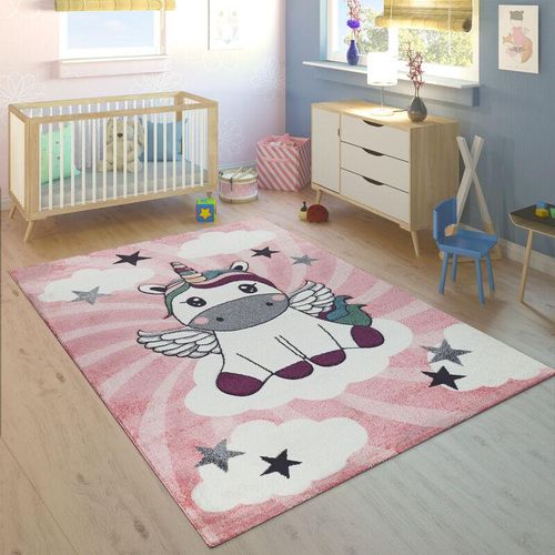 Kinderteppich Kinderzimmer Mädchen Modern Einhorn Auf Wolken In Rosa Lila ø 120 cm Rund - Paco Home