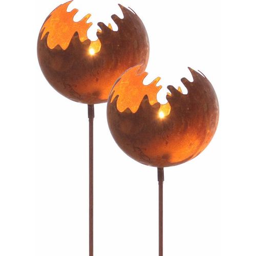 Metall Gartenstecker Naturrost Feuerball - 2er Set / klein - Rost Windlicht mit Erdspieß ca. 77 x ø 11 cm