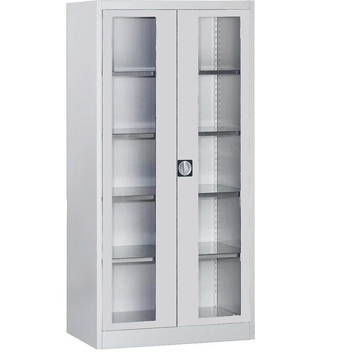 mauser Sichtfenster-Flügeltürschrank, mit 4 Fachböden, HxB 1950 x 950 mm, Tiefe 420 mm, lichtgrau Image