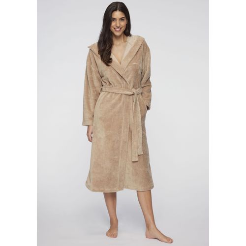 Bademantel LASCANA, Damen, Gr. S/32 (34), beige (sand), Baumwolle, Midilänge, Hausmäntel