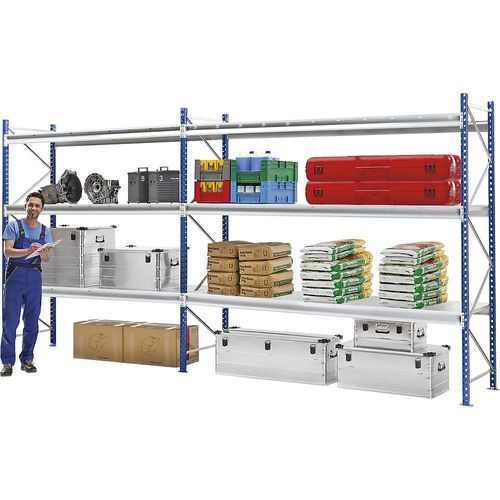 Manorga Schwerlast-Großfachregal mit Drahtgitterauflagen, Rahmenfarbe Blau, HxBxT 2996 x 2780 x 800 mm, Anbauregal