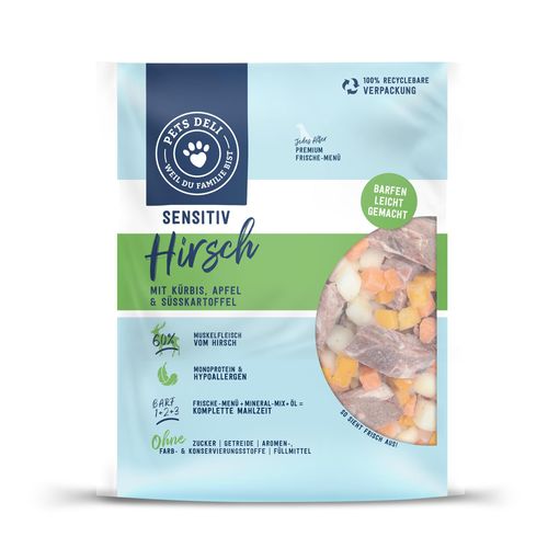 Hundefutter Sensitive BARF - Hirsch - Kürbis, Apfel und Süßkartoffel - Hypoallergen - Adult - getreidefrei, zuckerfrei - 5x200g von Pets Deli