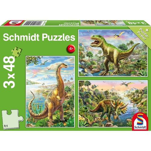 Schmidt Puzzle 3x48 - Abenteuer mit den Dinosauriern (Kinderpuzzle)