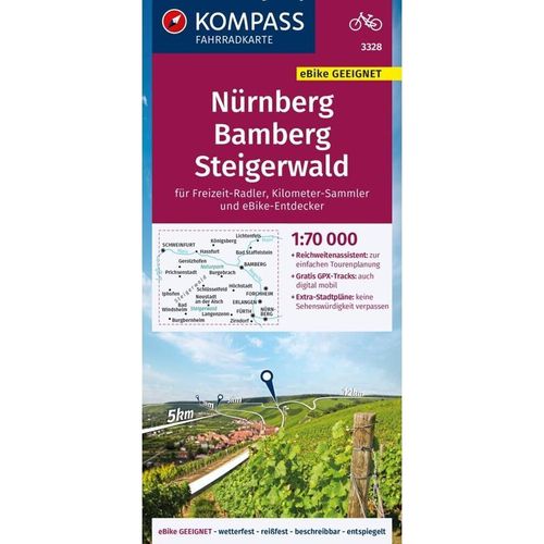 KOMPASS Fahrradkarte 3328 Nürnberg, Bamberg, Steigerwald 1:70.000, Karte (im Sinne von Landkarte)