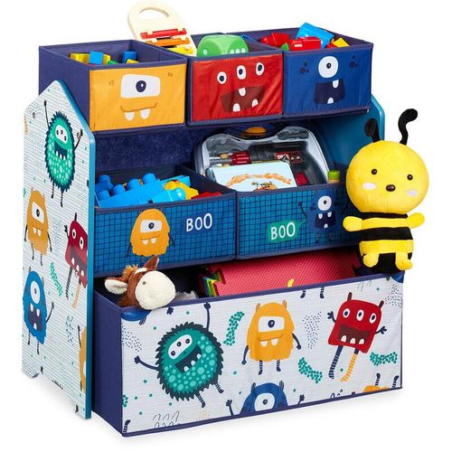 Relaxdays - Kinderregal mit 6 Stoffboxen, Monster Design, HxBxT: 66 x 63,5 x 30 cm, Spielzeugregal fürs Kinderzimmer, bunt
