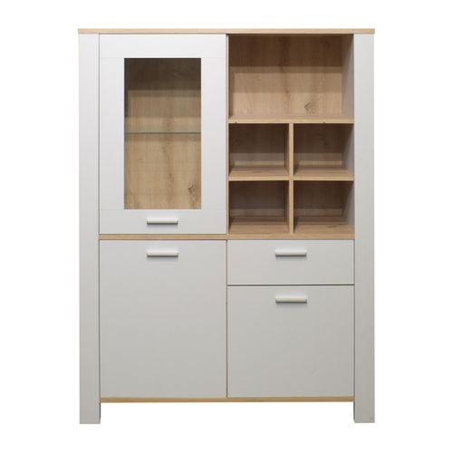 Mäusbacher Nele Highboard Holzwerkstoff 2 Türen 1 Schubkasten 1 Rahmentür 111x152x44 cm Kreidegrau matt lack/Asteiche