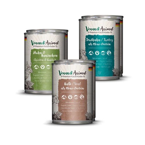 Venandi Animal - Probierpaket II 2xHuhn & Kaninchen, 2xKalb, 2xTruthahn 24x400g